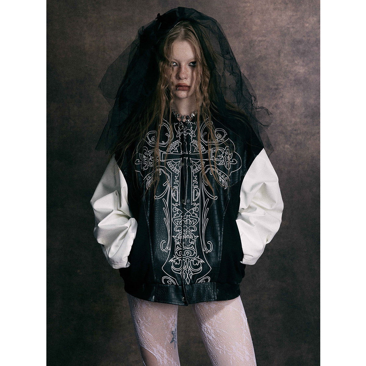 Cross Embroidery Leather Varsity Jacket , - Streetwear - Slick Street