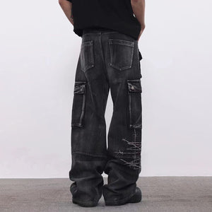 Barbed Baggy Embroidery Cargo Pants , - Streetwear - Slick Street