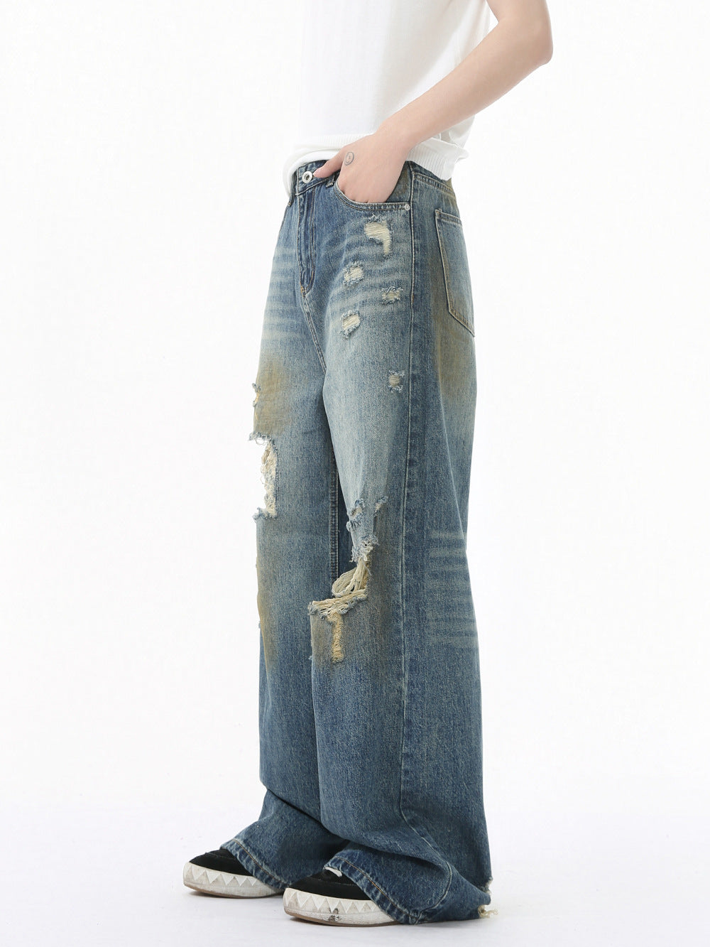 MTLCLOTHES Men's Wear | Four Seasons American Style Old Wear and Wear Trend Dirty Dye Retro Wide Leg Jeans Casual