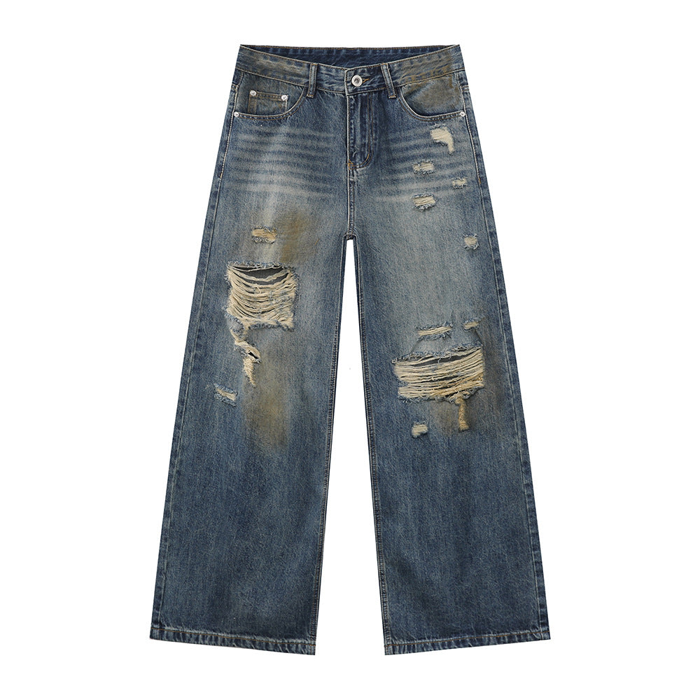 MTLCLOTHES Men's Wear | Four Seasons American Style Old Wear and Wear Trend Dirty Dye Retro Wide Leg Jeans Casual