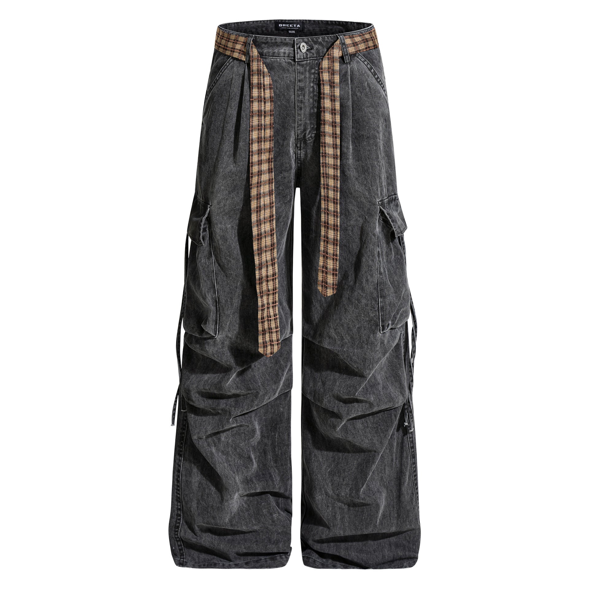 Vintage Washed Cargo Pants with Plaid Belt Washed Black, XS - Streetwear Pants - Slick Street