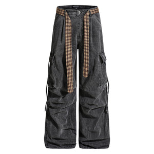 Vintage Washed Cargo Pants with Plaid Belt Washed Black, XS - Streetwear Pants - Slick Street