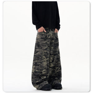 Retro Camo Workwear Wide-Leg Jeans , - Streetwear Jeans - Slick Street