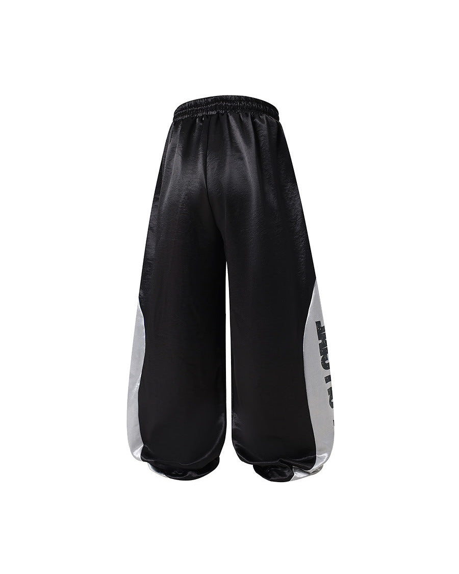 Vlex Offcial American High Street Style Color-Blocking Letter Print Glossy Sweatpants Loose Drape Wide-Leg Pants