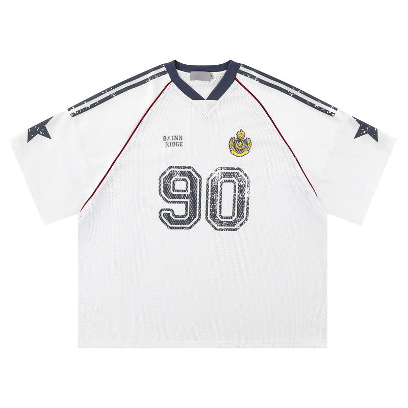 Retro 90's Star Graffiti Mesh Football Tee White, XS - Streetwear T-Shirt - Slick Street