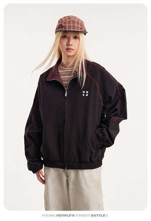 Retro Varsity Plaid Stand Collar Jacket , - Streetwear Jacket - Slick Street