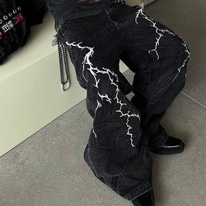 Lightning Embroidery Flared Jeans , - Streetwear Jeans - Slick Street