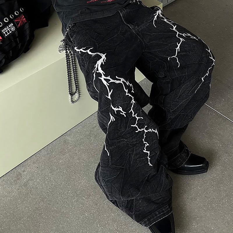 Lightning Embroidery Flared Jeans , - Streetwear Jeans - Slick Street