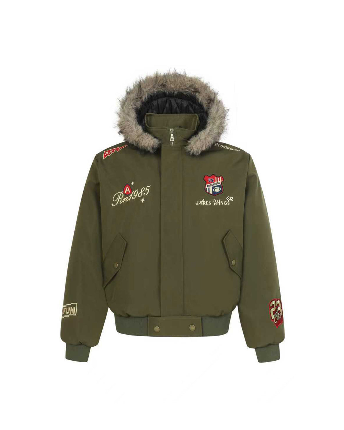Ares 1985 Fur Hood Bomber Jacket Army Green, S - Streetwear Jacket - Slick Street