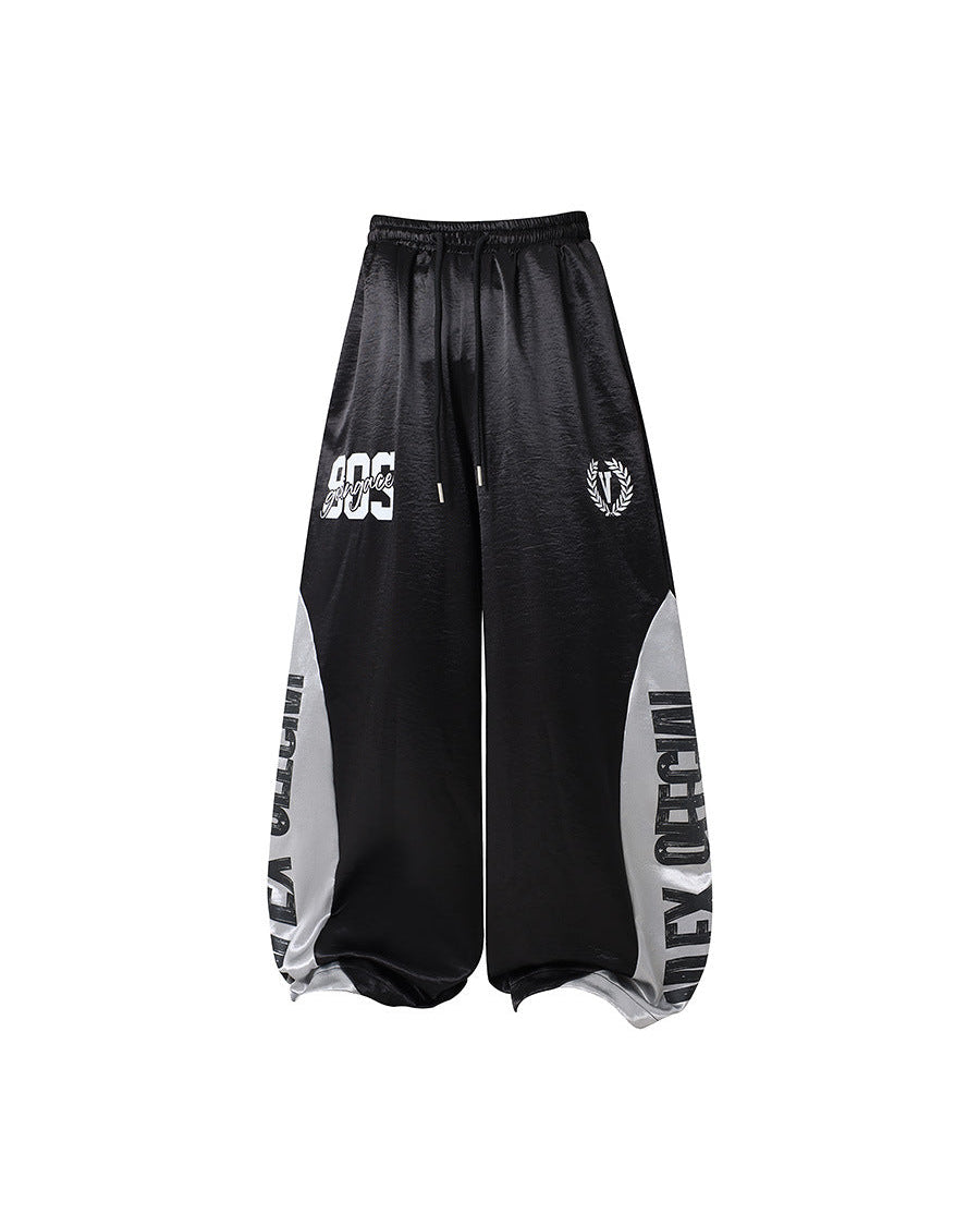 Vlex Offcial American High Street Style Color-Blocking Letter Print Glossy Sweatpants Loose Drape Wide-Leg Pants