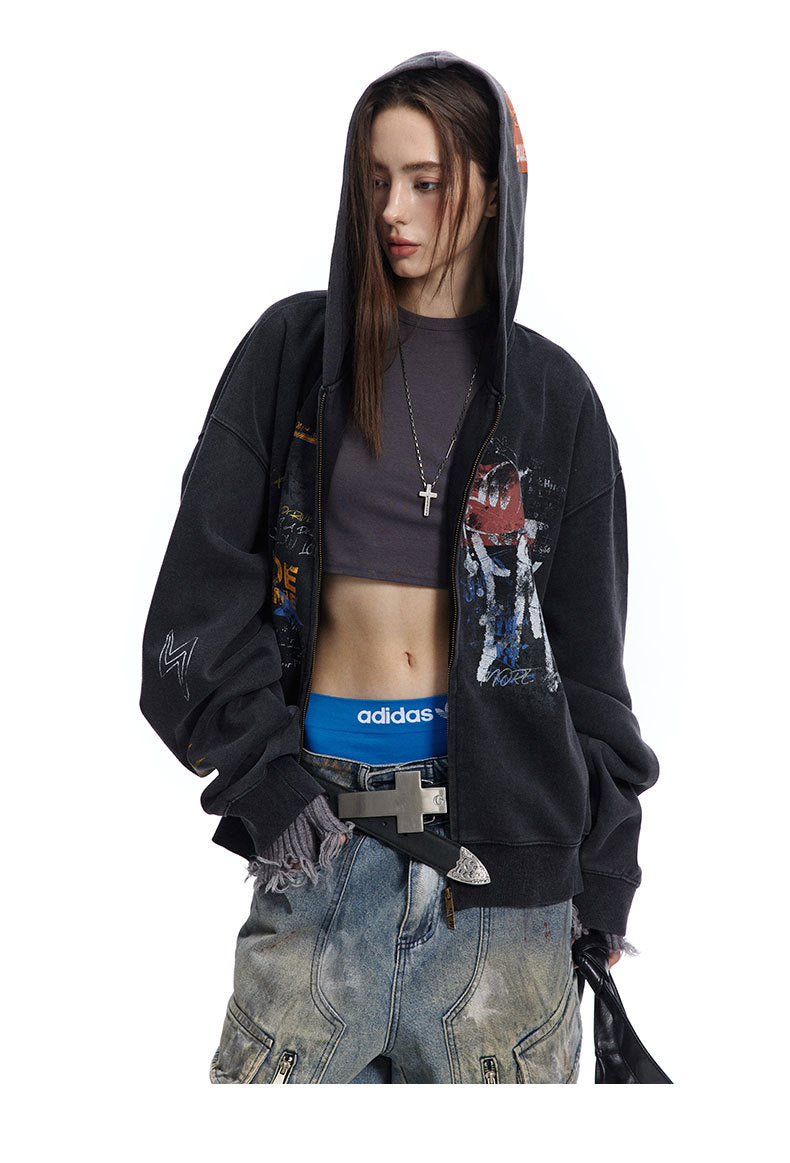 Graffiti Washed Zip Hoodie , - Streetwear Hoodie - Slick Street