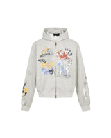 Graffiti Washed Zip Hoodie Grey, S - Streetwear Hoodie - Slick Street