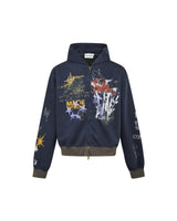 Graffiti Washed Zip Hoodie Blue, S - Streetwear Hoodie - Slick Street