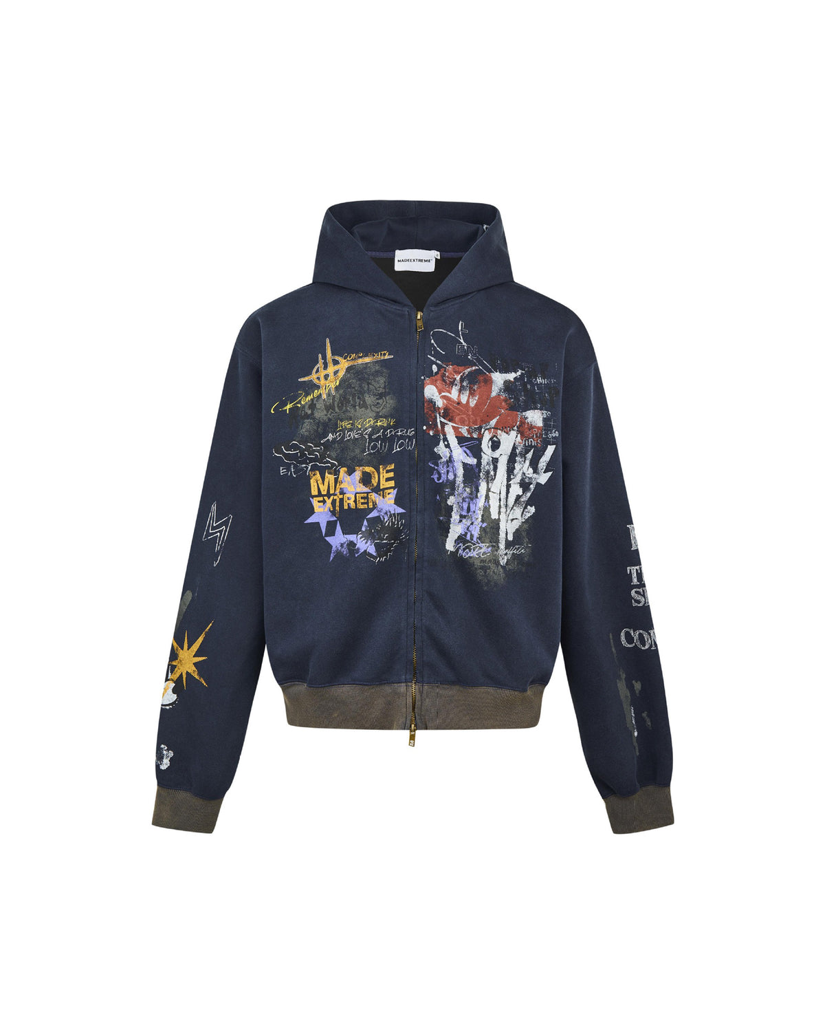 Graffiti Washed Zip Hoodie Blue, S - Streetwear Hoodie - Slick Street