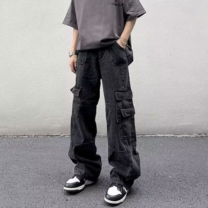 Vintage Washed Cargo Relaxed Fit Jeans Black, XS - Streetwear Jeans - Slick Street