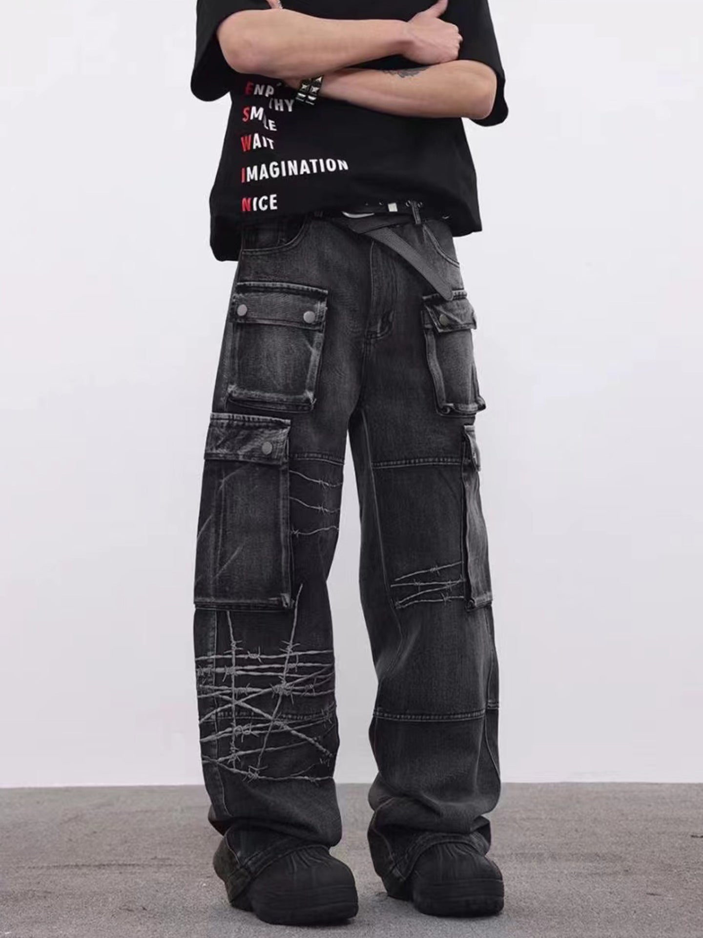 Barbed Baggy Embroidery Cargo Pants , - Streetwear - Slick Street