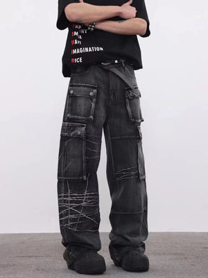 Barbed Baggy Embroidery Cargo Pants , - Streetwear - Slick Street