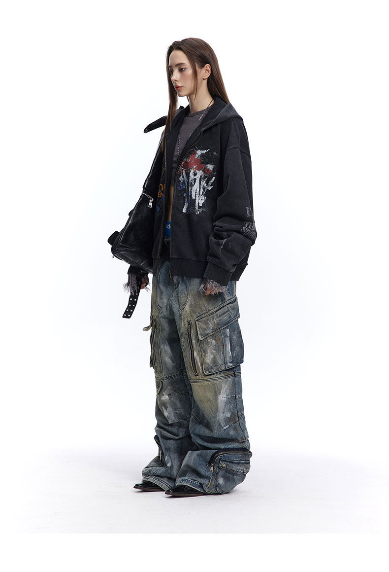 Graffiti Washed Zip Hoodie , - Streetwear Hoodie - Slick Street