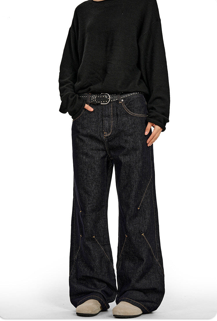 11Kn American Retro Raw Denim Blue Jeans for Men and Women with Visible Stitching, Unique Waist Buckle Design, Slimming, Trendy, Loose Casua