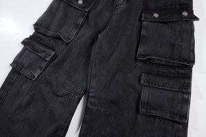 Washed Black Vintage Straight Leg Cargo Jeans , - Streetwear - Slick Street