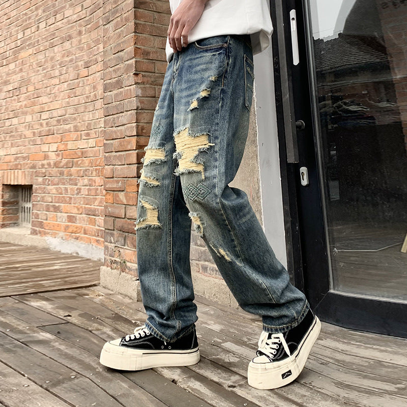 Embroidered Washed Ripped Jeans , - Streetwear Jeans - Slick Street