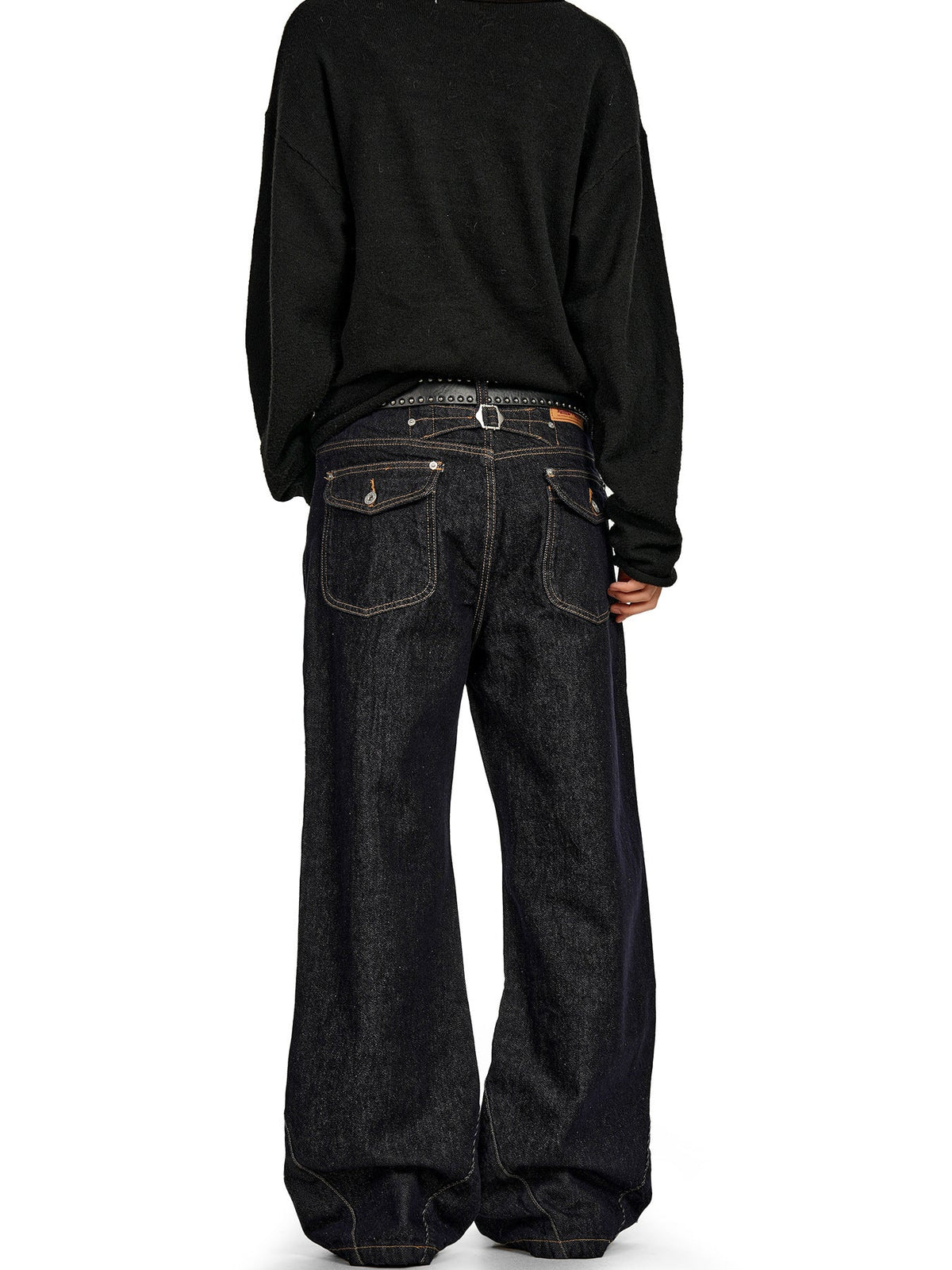 11Kn American Retro Raw Denim Blue Jeans for Men and Women with Visible Stitching, Unique Waist Buckle Design, Slimming, Trendy, Loose Casua