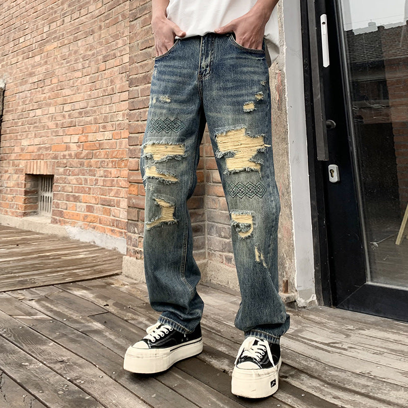 Embroidered Washed Ripped Jeans , - Streetwear Jeans - Slick Street