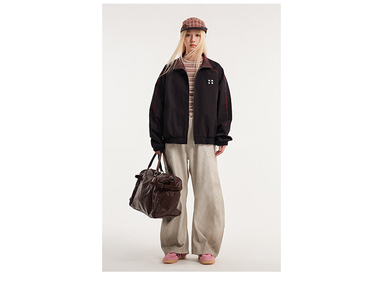 Retro Varsity Plaid Stand Collar Jacket , - Streetwear Jacket - Slick Street