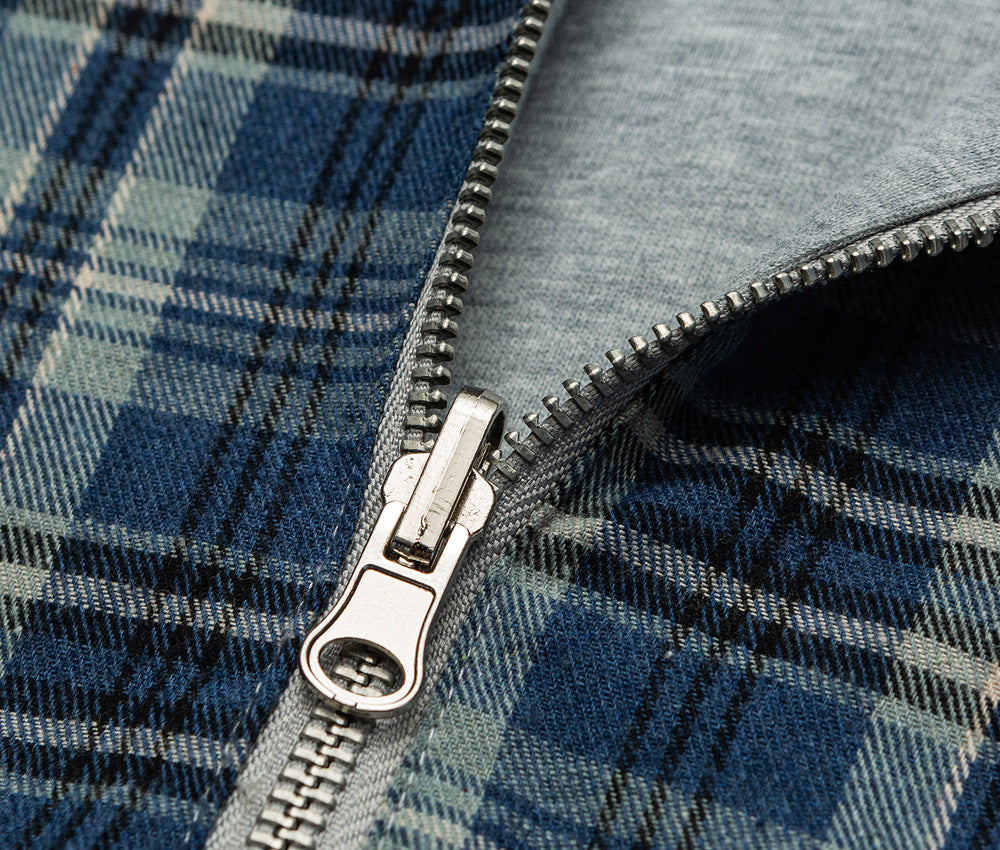 Plaid Reversible Zip Hoodie - Grey Blue , - Streetwear Hoodie - Slick Street