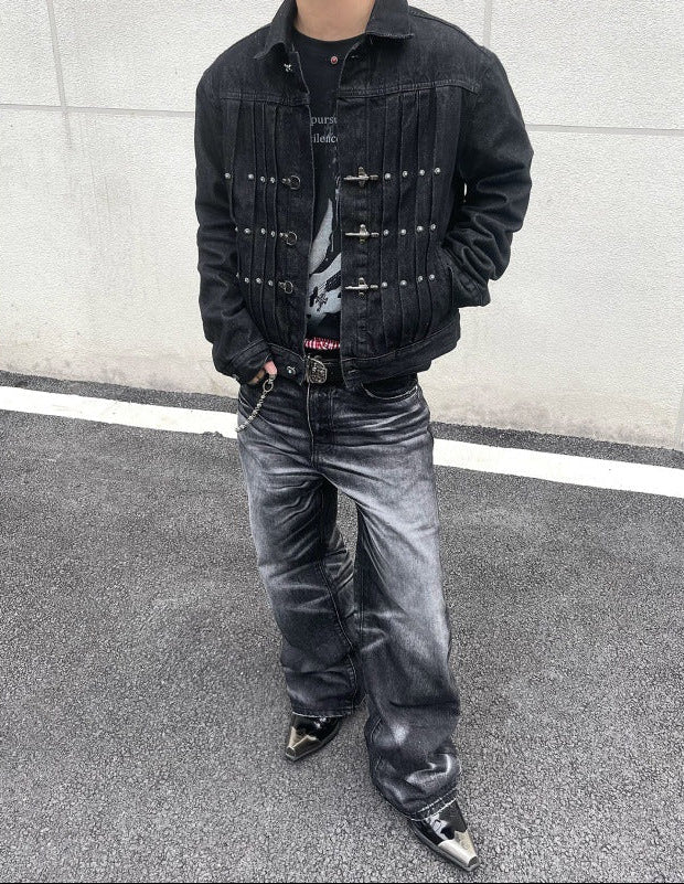Stud Buckle Denim Jacket , - Streetwear Jacket - Slick Street