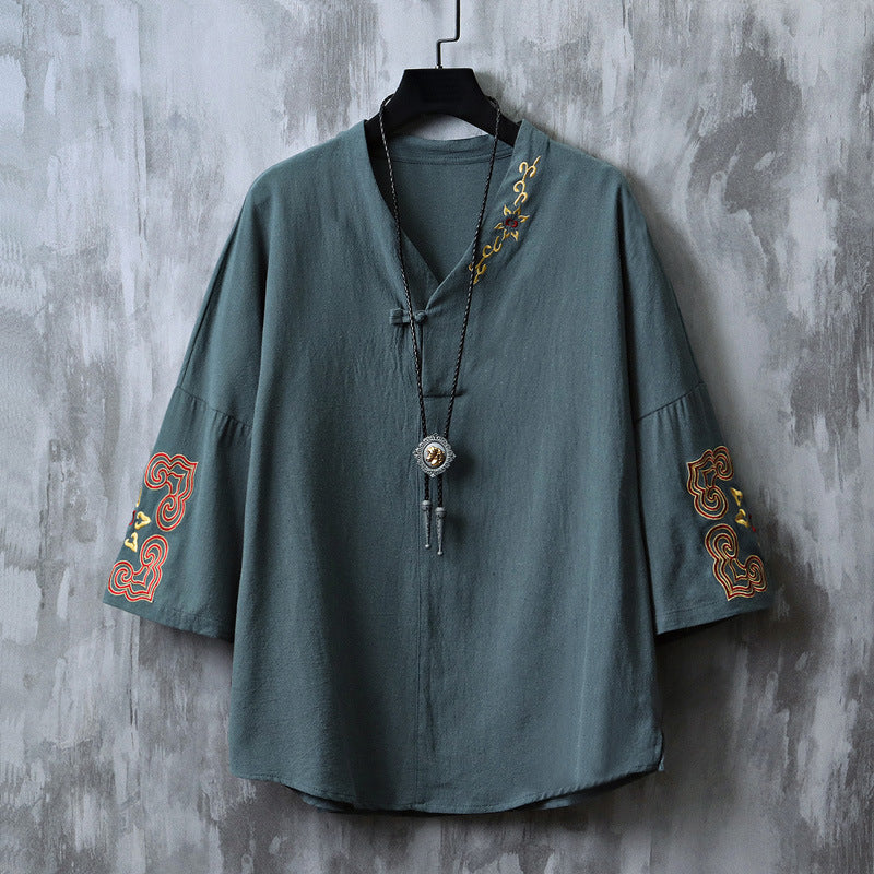 Chinese Embroidered V-Neck Hanfu Tee Blue, XS - Streetwear T-Shirt - Slick Street