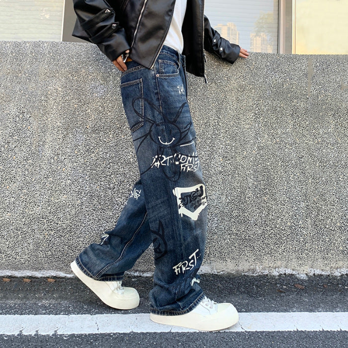Retro Graffiti Loose Fit Jeans Blue, 28 - Streetwear Jeans - Slick Street