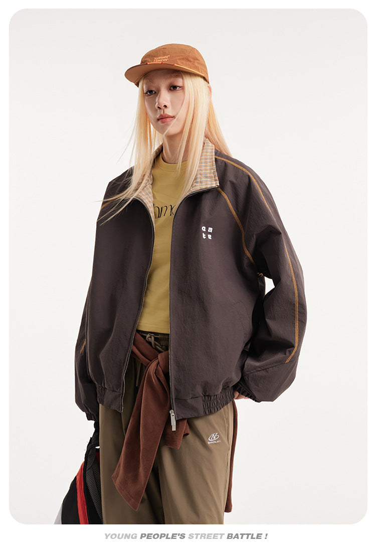 Retro Varsity Plaid Stand Collar Jacket , - Streetwear Jacket - Slick Street