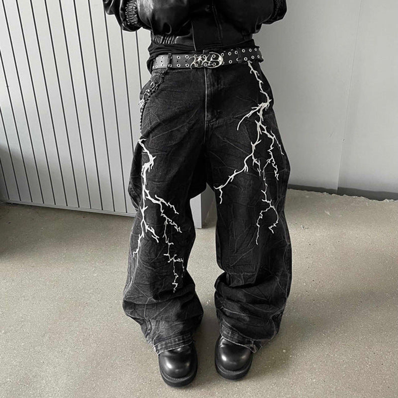 Lightning Embroidery Flared Jeans Black, XS - Streetwear - Slick Street