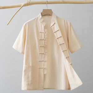 Chinese Linen Summer Shirt Beige, XS - Streetwear Shirt - Slick Street