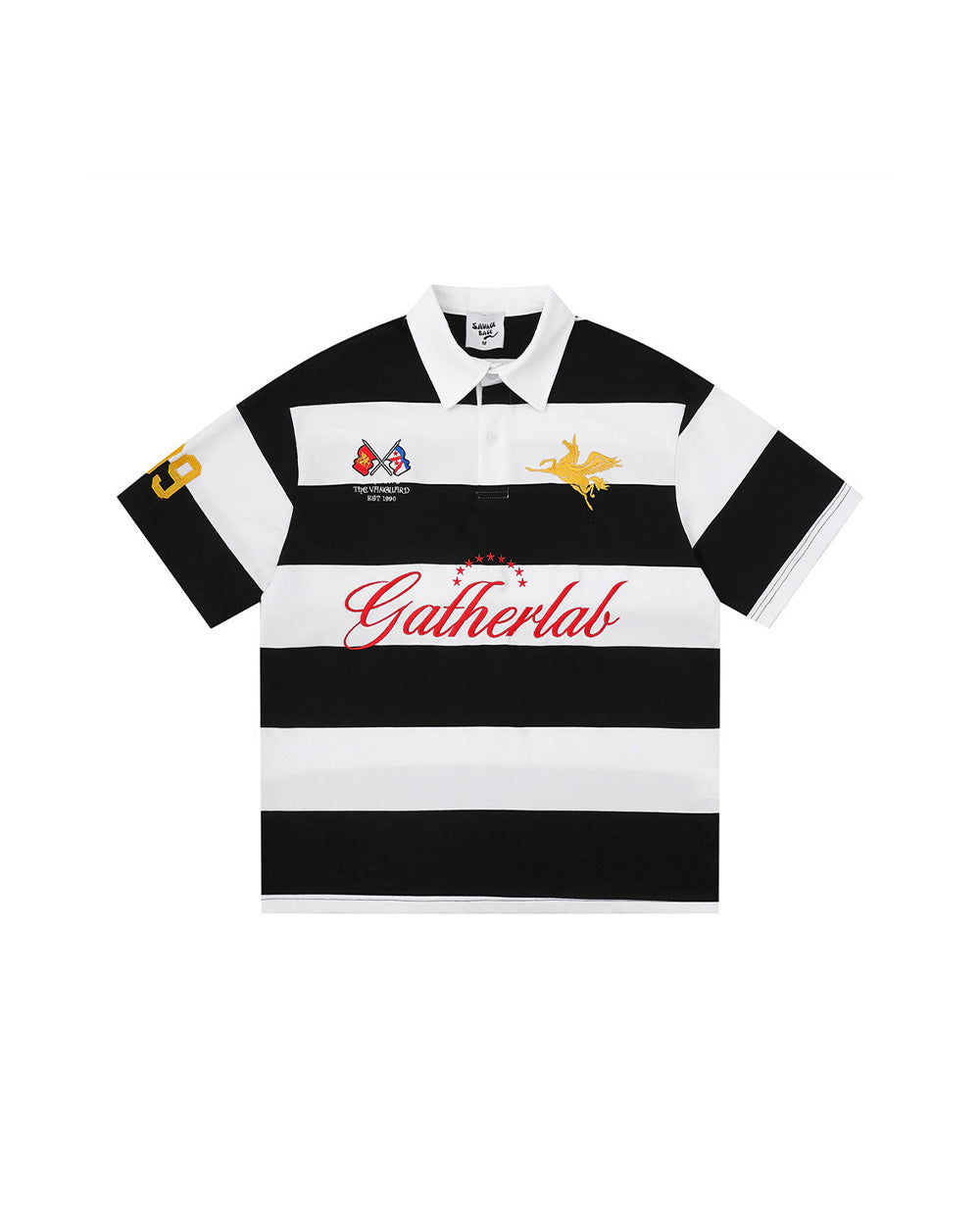 Striped Letter Polo Sports Tee White, M - Streetwear T-Shirt - Slick Street