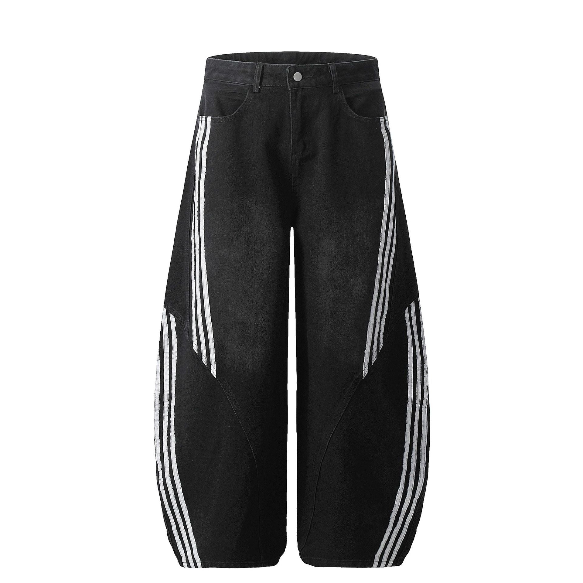 Panel Stripe Baggy Jeans Black, 28 - Streetwear Jeans - Slick Street