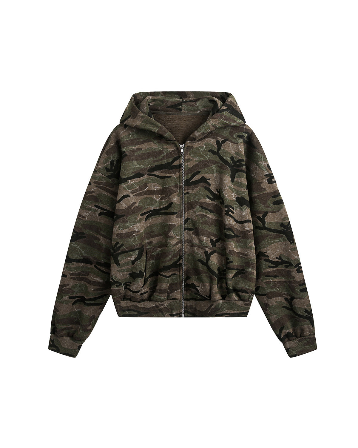 Woodland Camo Zip Hoodie Camouflage Green, S - Streetwear Hoodie - Slick Street