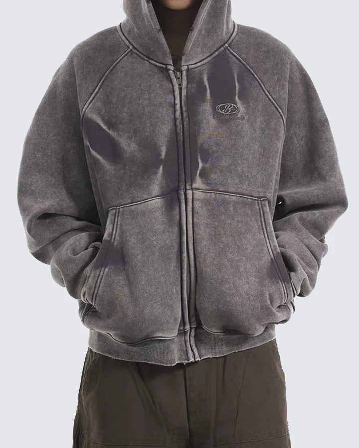 Distressed Washed Zip Hoodie , - Streetwear Hoodie - Slick Street