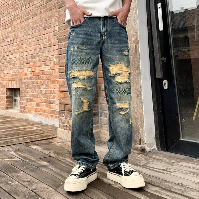 Embroidered Washed Ripped Jeans Blue, 28 - Streetwear Jeans - Slick Street