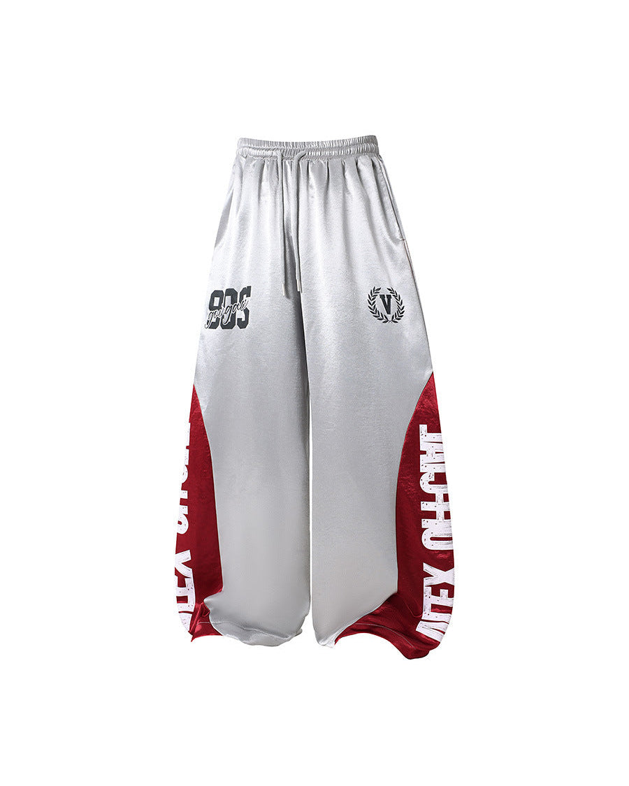 Vlex Offcial American High Street Style Color-Blocking Letter Print Glossy Sweatpants Loose Drape Wide-Leg Pants