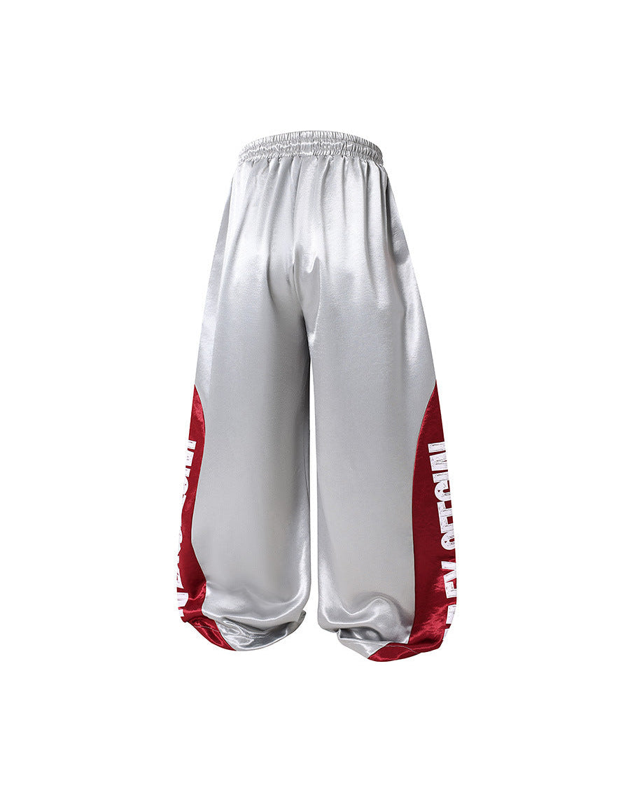 Vlex Offcial American High Street Style Color-Blocking Letter Print Glossy Sweatpants Loose Drape Wide-Leg Pants