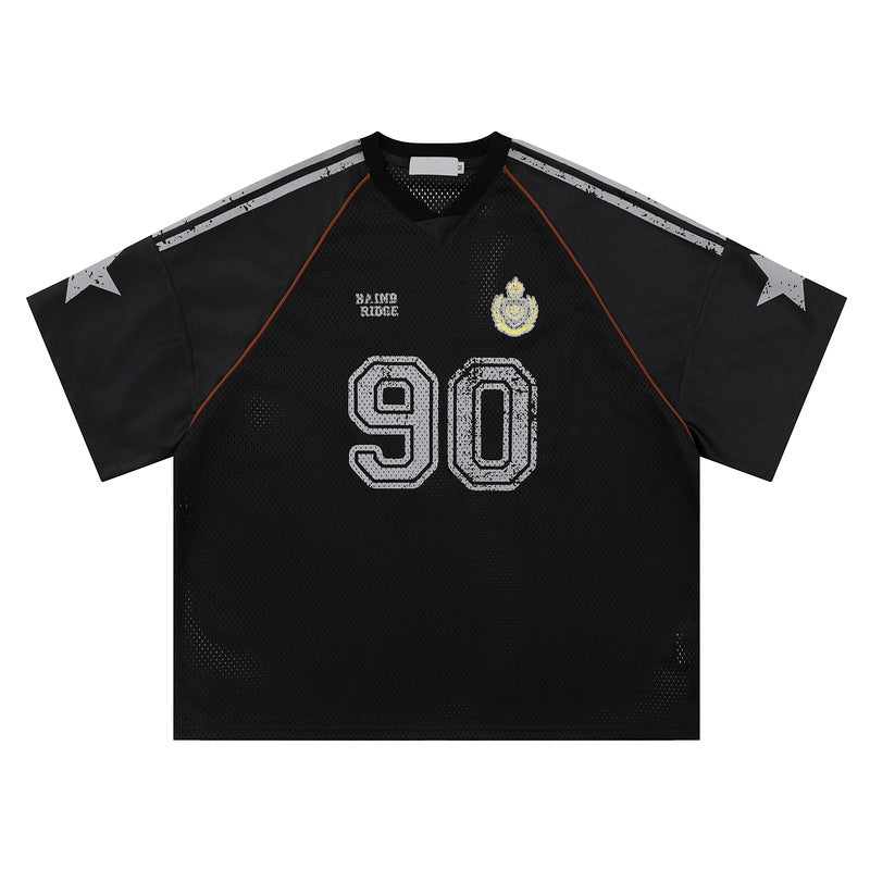 Retro 90's Star Graffiti Mesh Football Tee Black, XS - Streetwear T-Shirt - Slick Street