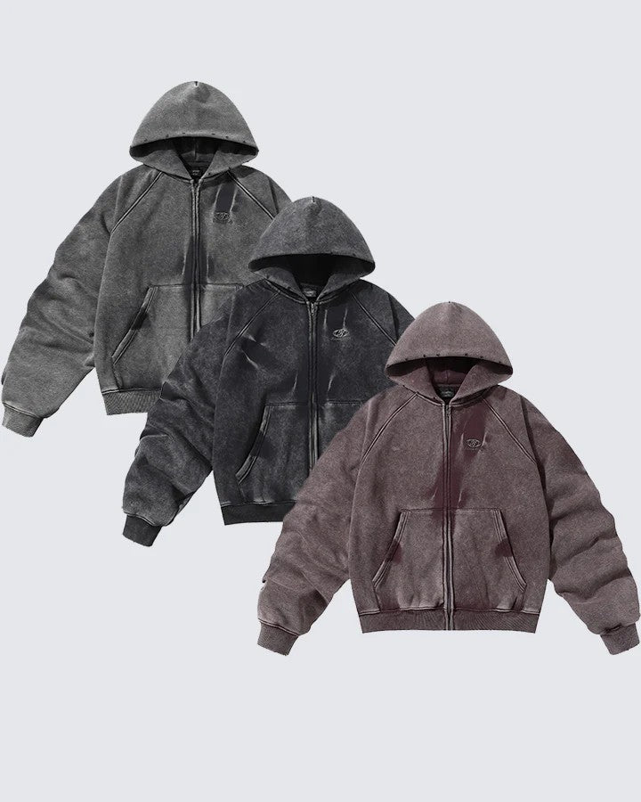Distressed Washed Zip Hoodie , - Streetwear Hoodie - Slick Street