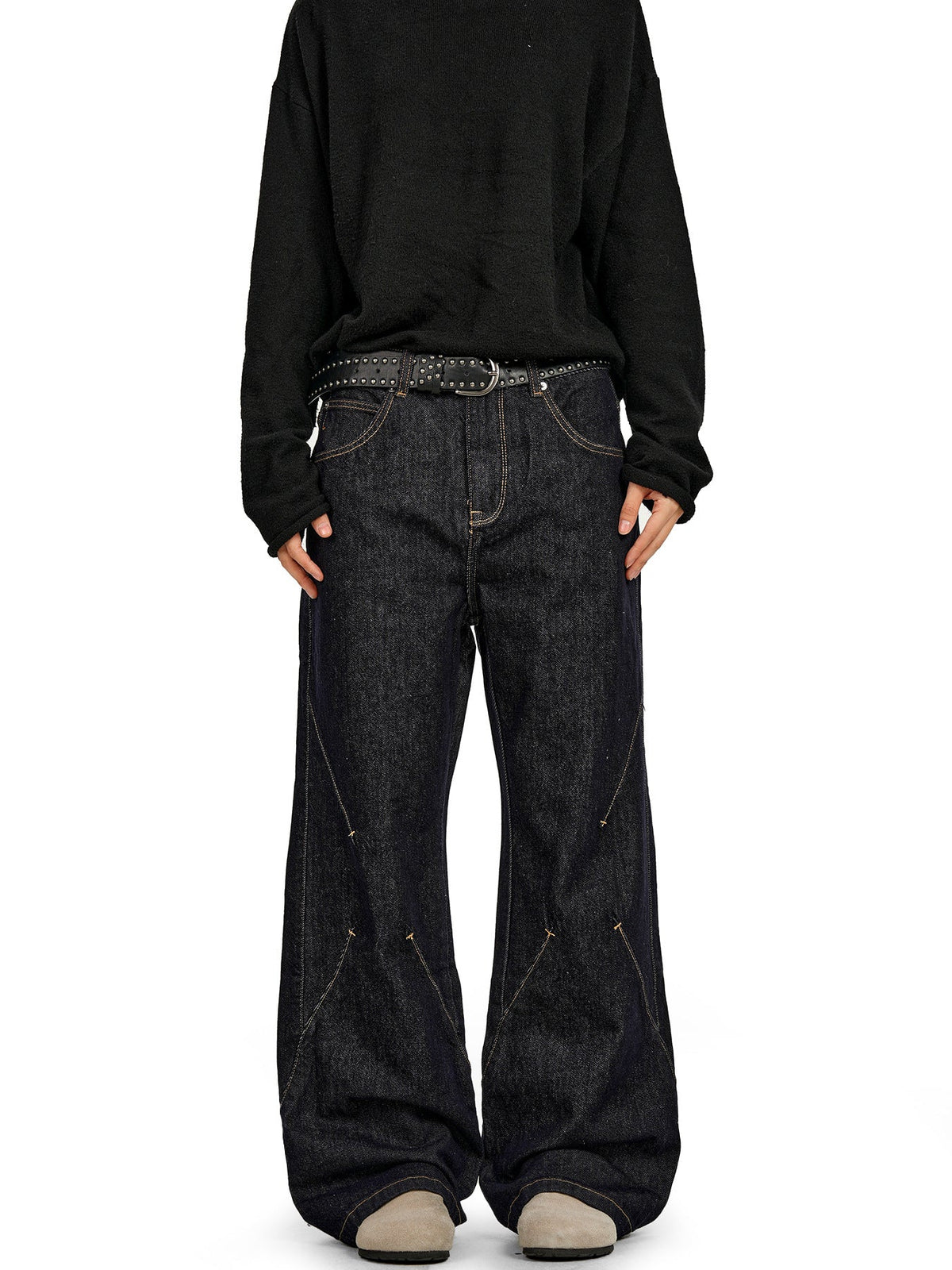 11Kn American Retro Raw Denim Blue Jeans for Men and Women with Visible Stitching, Unique Waist Buckle Design, Slimming, Trendy, Loose Casua