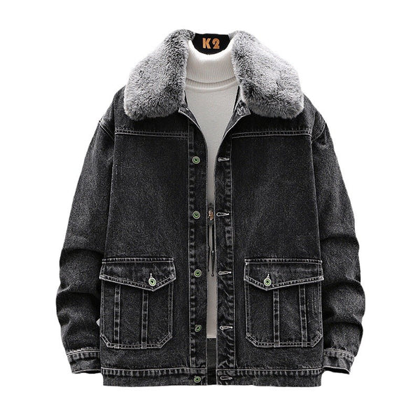 Vintage Denim Jacket with Fur Collar , - Streetwear Jacket - Slick Street