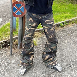 Splicing Camo Wide Leg Flared Pants , - Streetwear - Slick Street