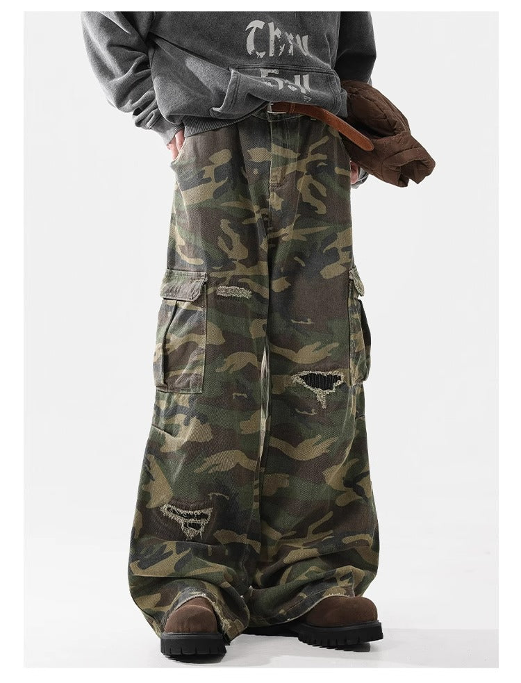 Camo Distressed Cargos , - Streetwear Cargo Pants - Slick Street