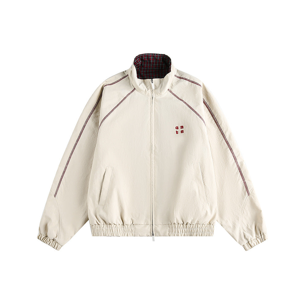 Retro Varsity Plaid Stand Collar Jacket Apricot, XS - Streetwear Jacket - Slick Street