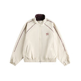 Retro Varsity Plaid Stand Collar Jacket Apricot, XS - Streetwear Jacket - Slick Street